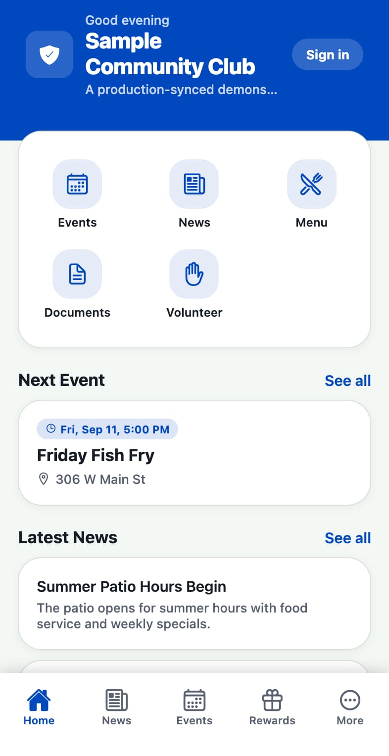ClubWorks member app showing events, news, and member navigation