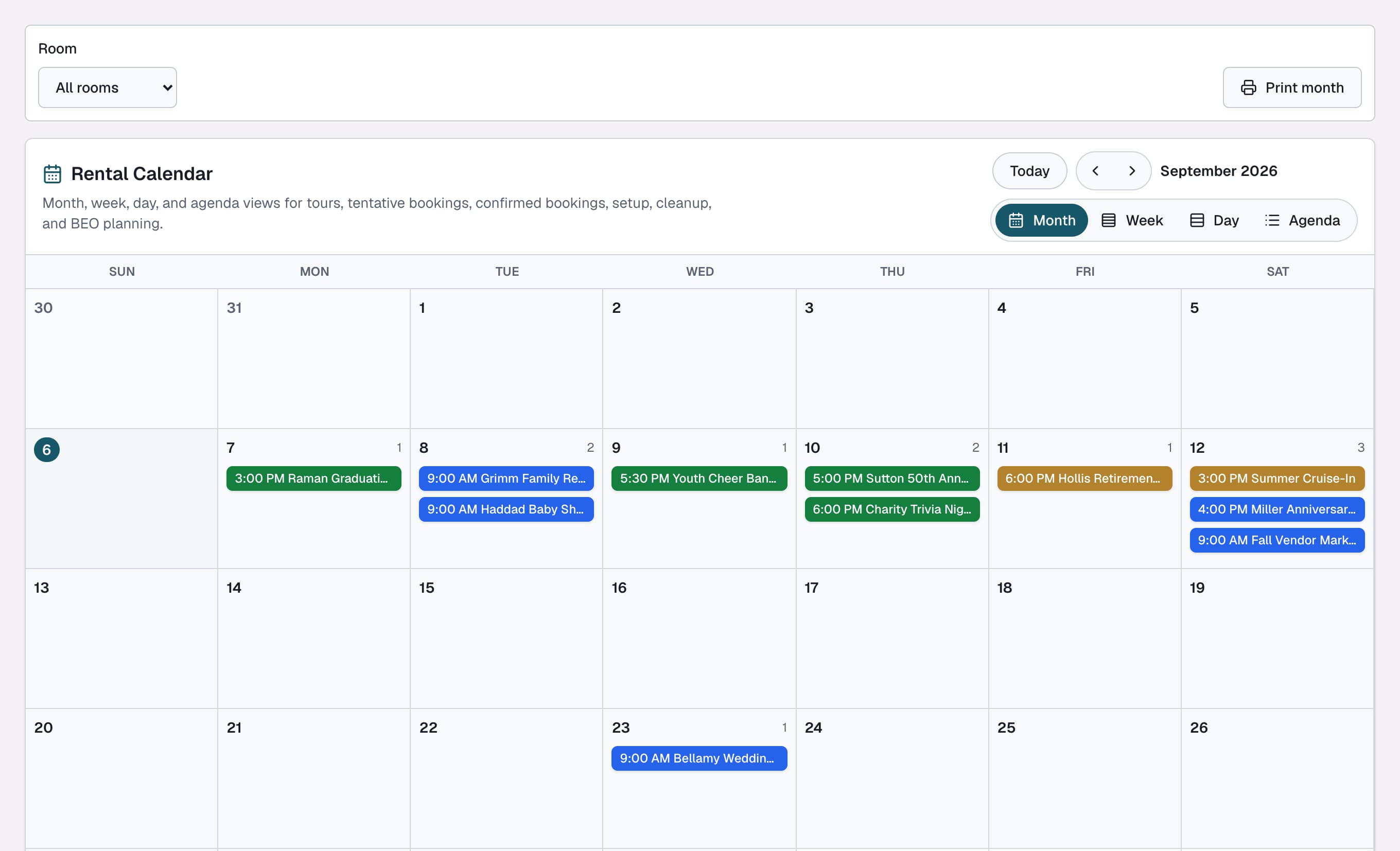 Actual ClubWorks RMS demo: Room calendar