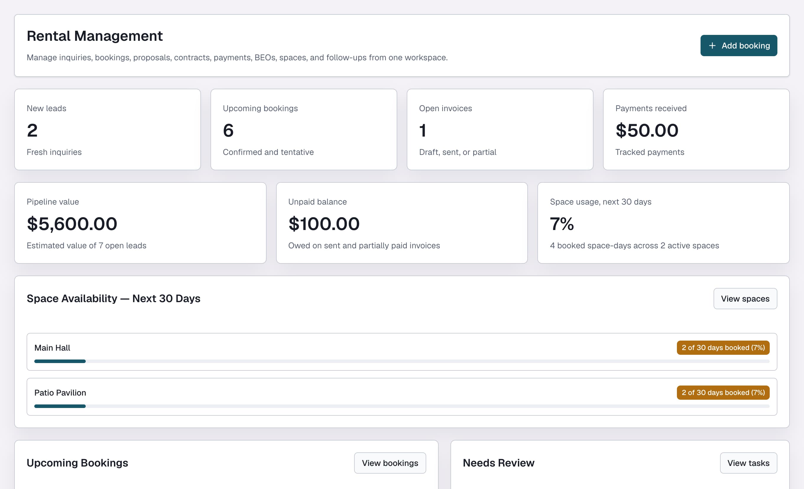 Actual ClubWorks rental management dashboard