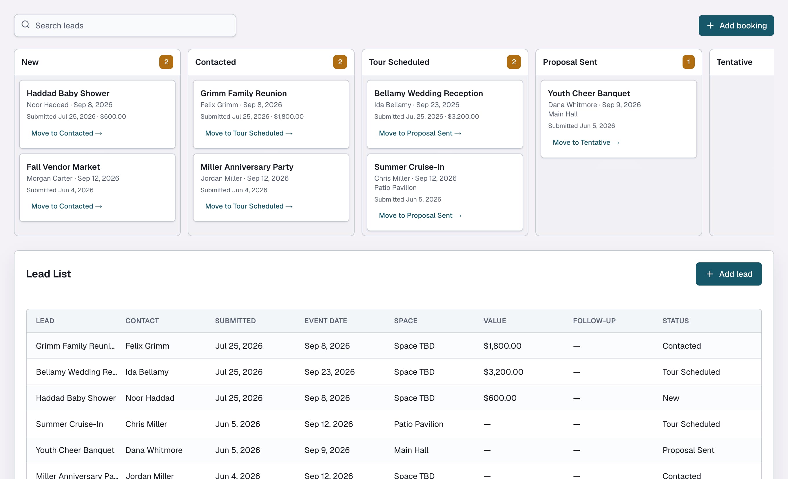 Actual ClubWorks RMS demo: Lead pipeline