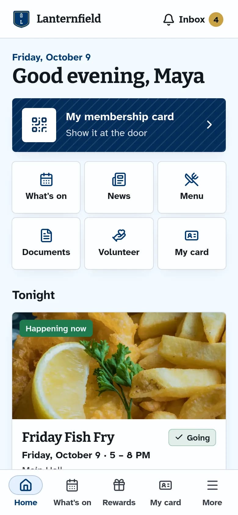 The member app in the Legion Post look: Legion blue, gold and sturdy letters.
