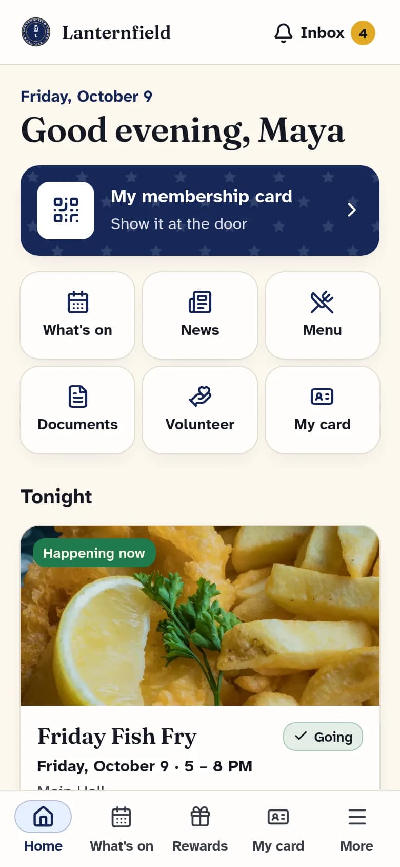 The member app in the Eagles Aerie look: Eagles navy, gold and stars.