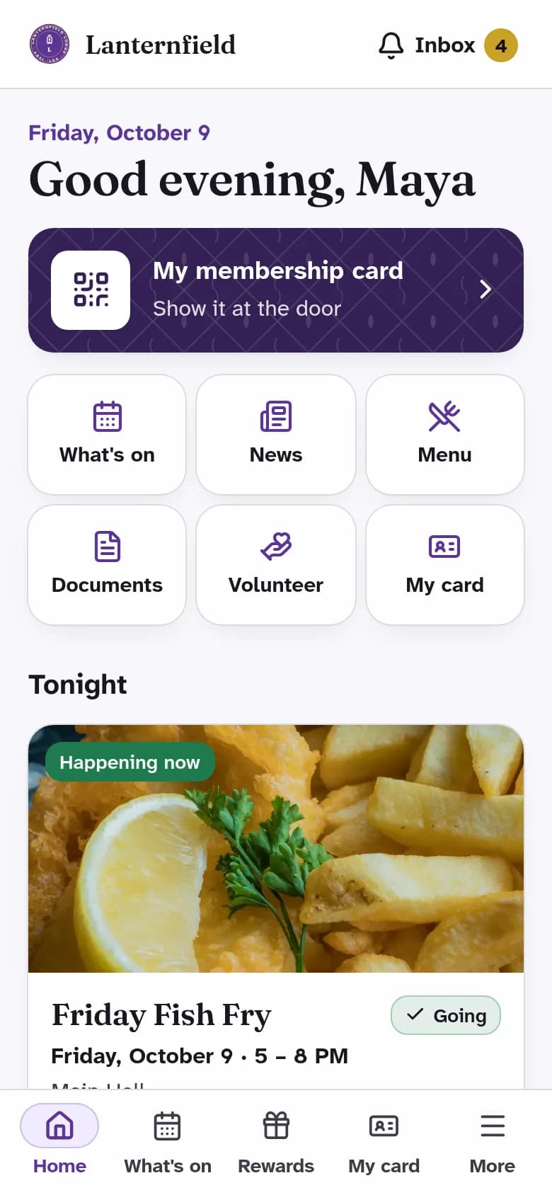 The member app in the Elks Lodge look: Royal purple and white, with a touch of gold.