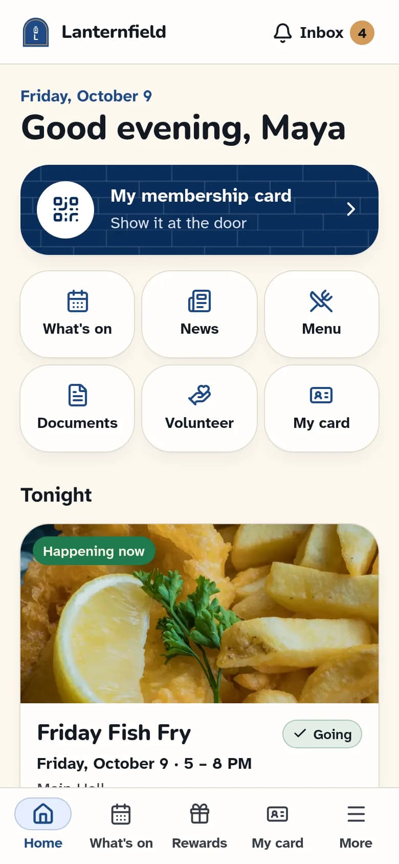 The member app in the Moose Lodge look: Lodge blue, bronze and timber.