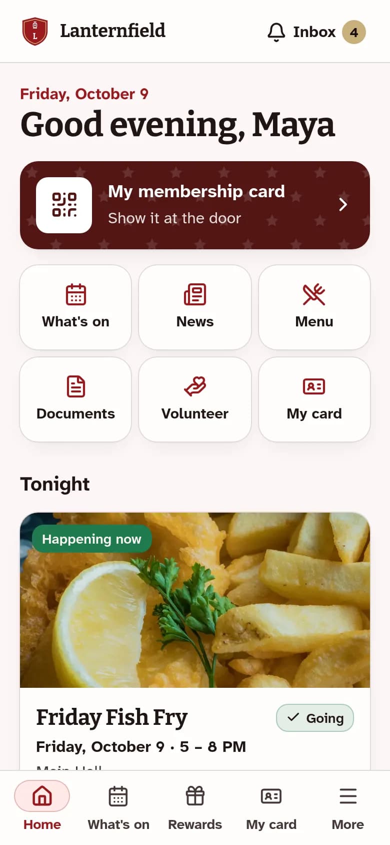 The member app in the VFW Post look: VFW red, gold and stars.