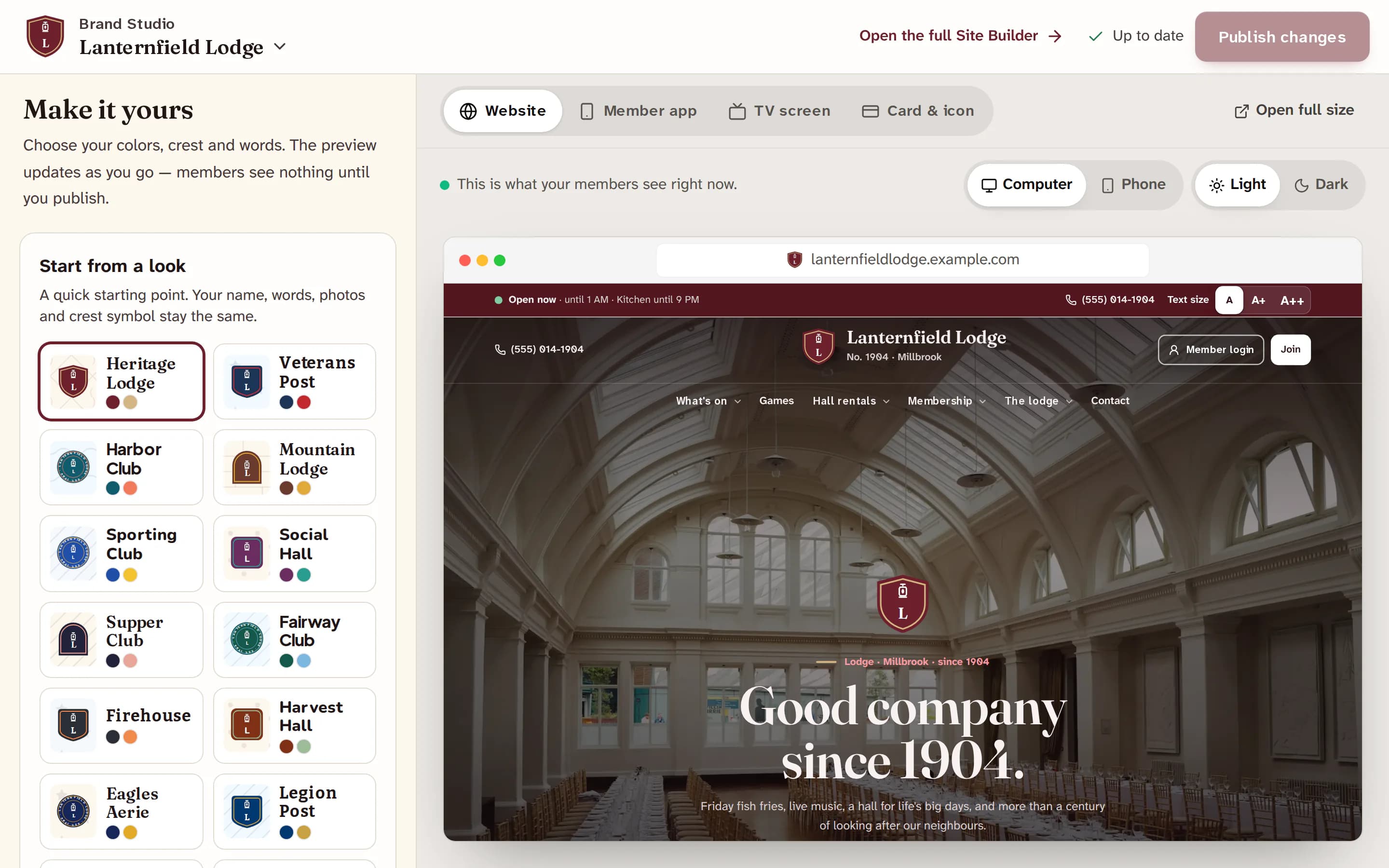The Brand Studio: starting looks such as Heritage Lodge, Veterans Post and Harbor Club on the left, and a live preview of the club's website on the right.