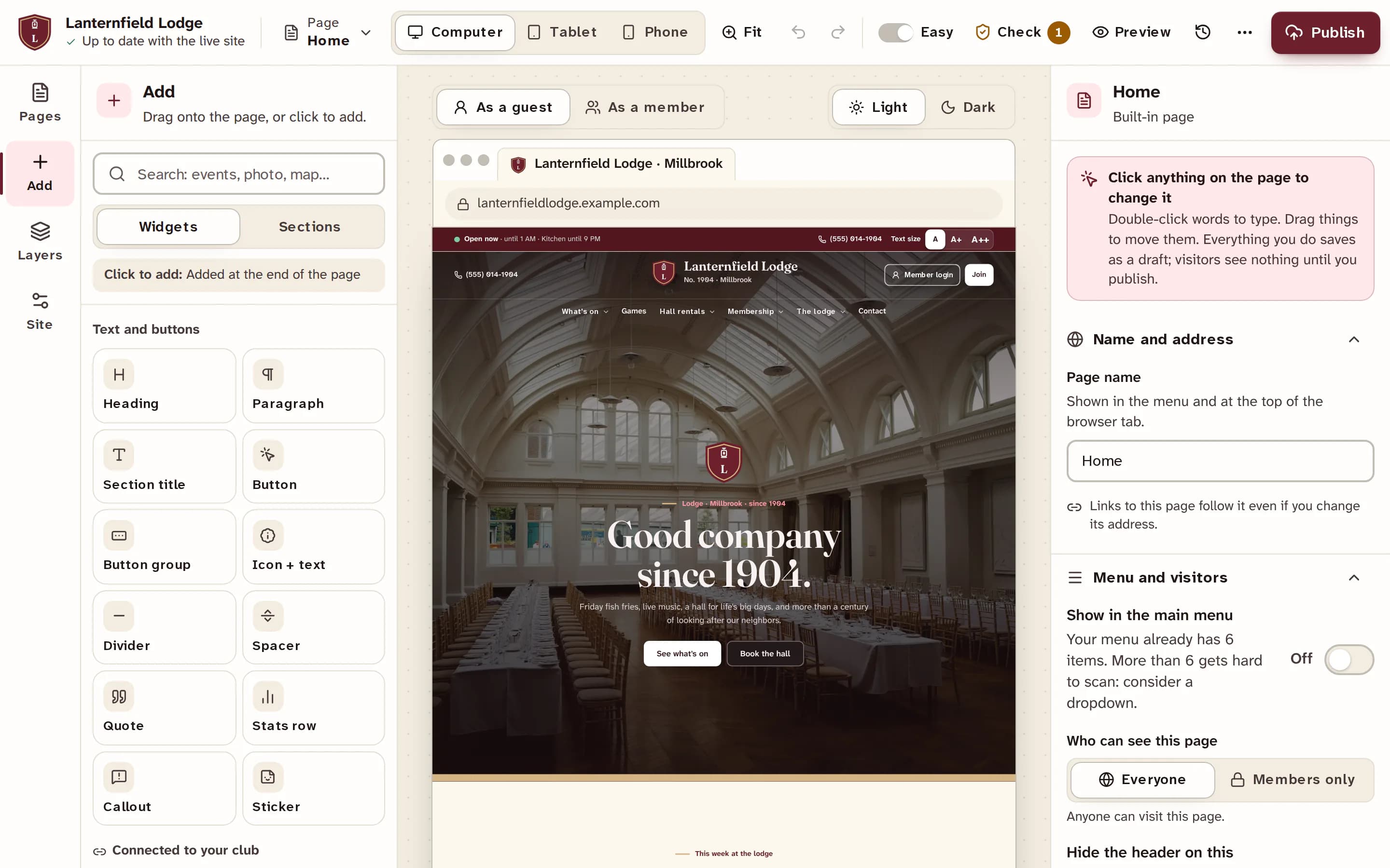 The ClubWorks site builder: a left column of sections such as Heading, Button and Stats row, the club's home page in the middle, and page settings on the right.