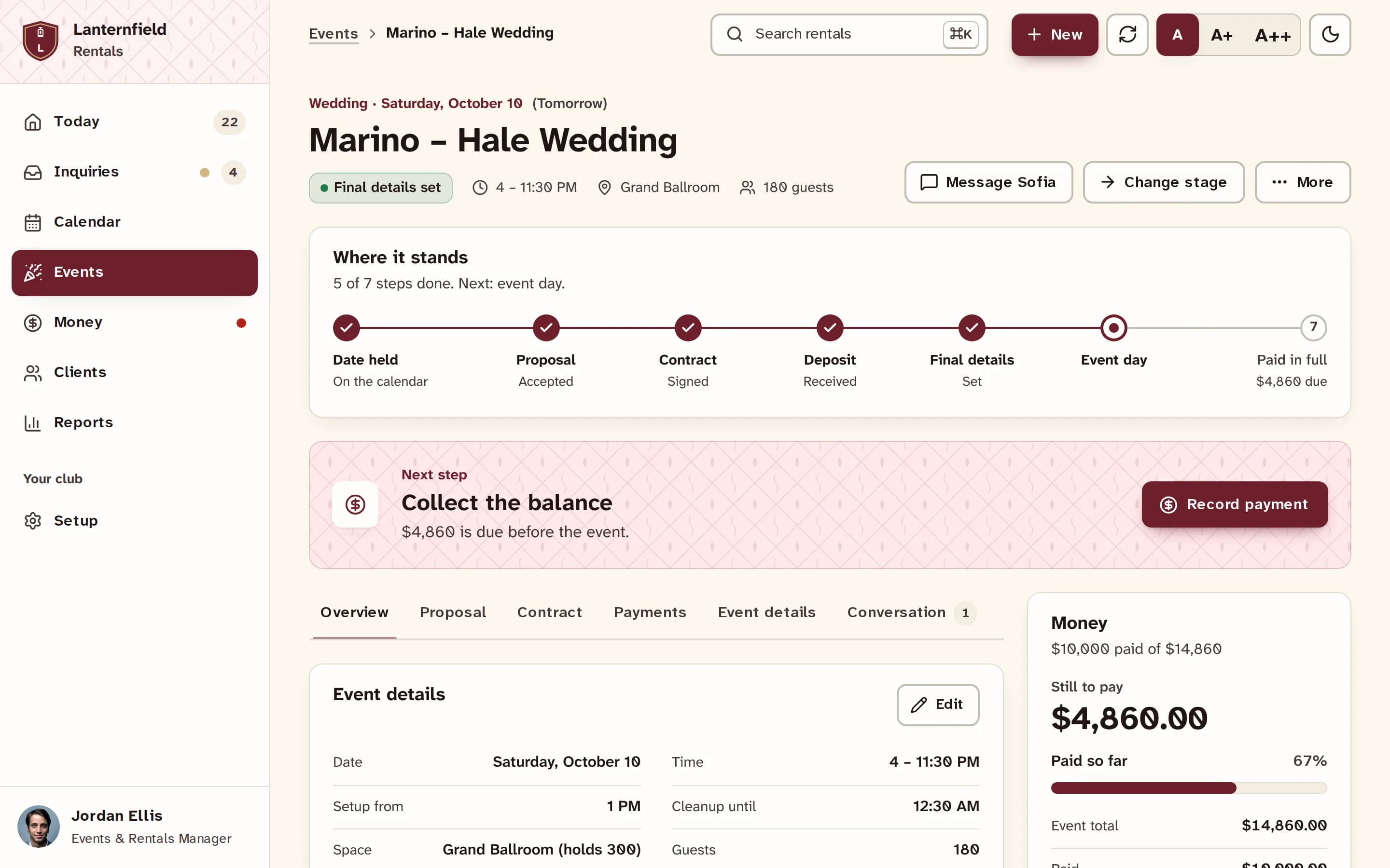 A wedding booking in hall rentals: a seven-step progress bar from date held to paid in full, a Record payment button for the balance, and the event's details and money.