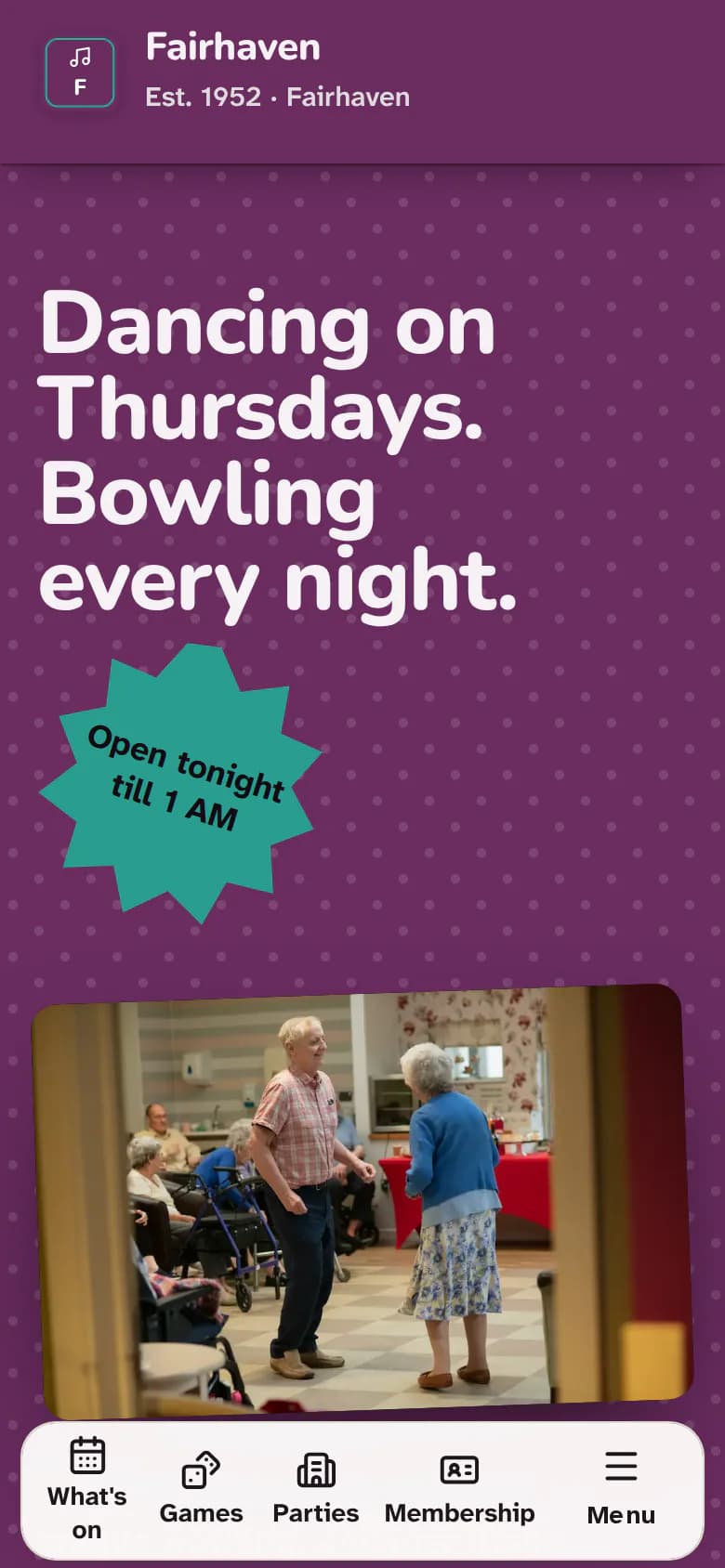 Fairhaven Social Hall's website on a phone, with its purple design and large, friendly headline.