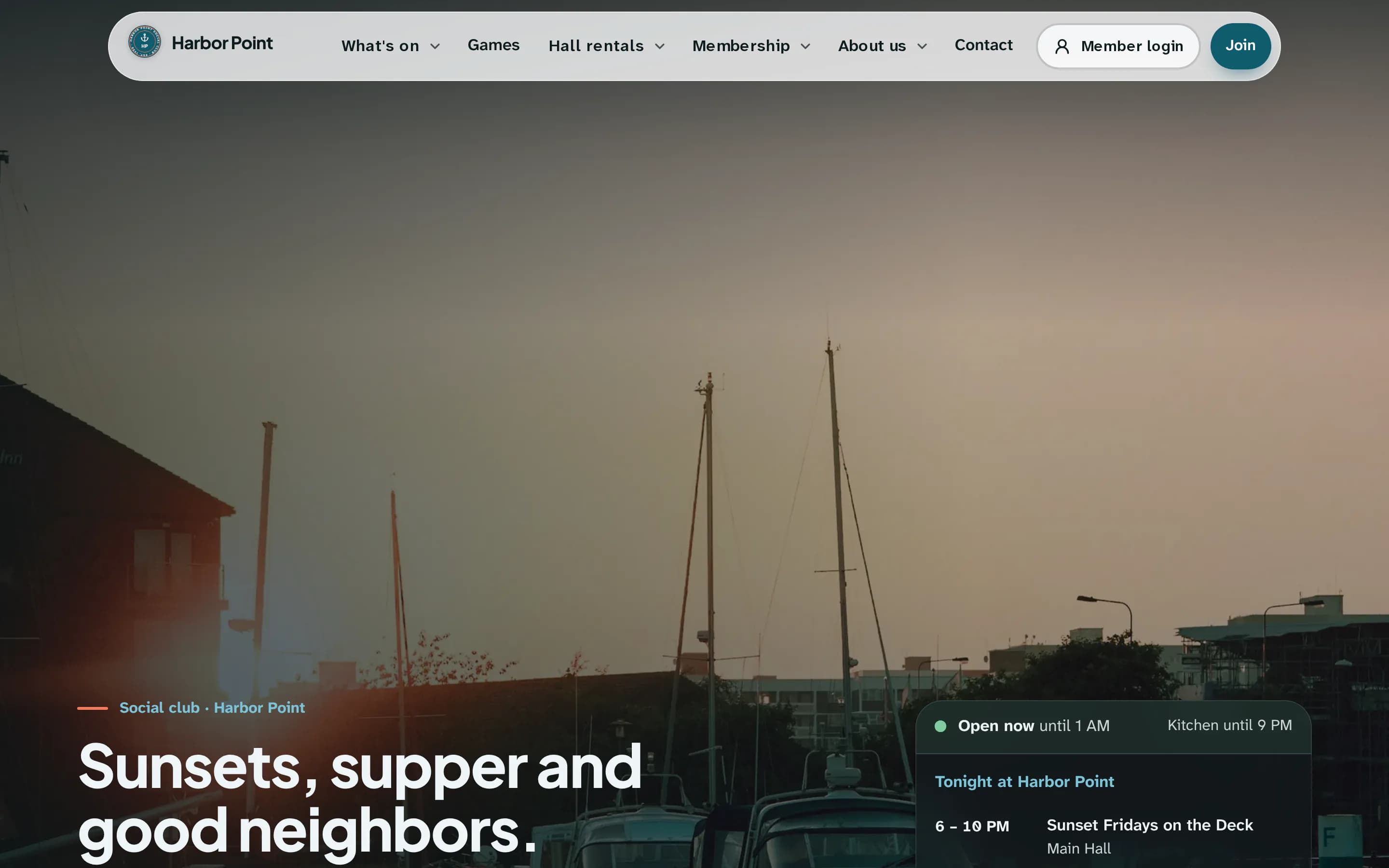 Harbor Point Social Club's website: a full-bleed harbor sunset photo, a floating rounded menu and the headline “Sunsets, supper and good neighbors.”