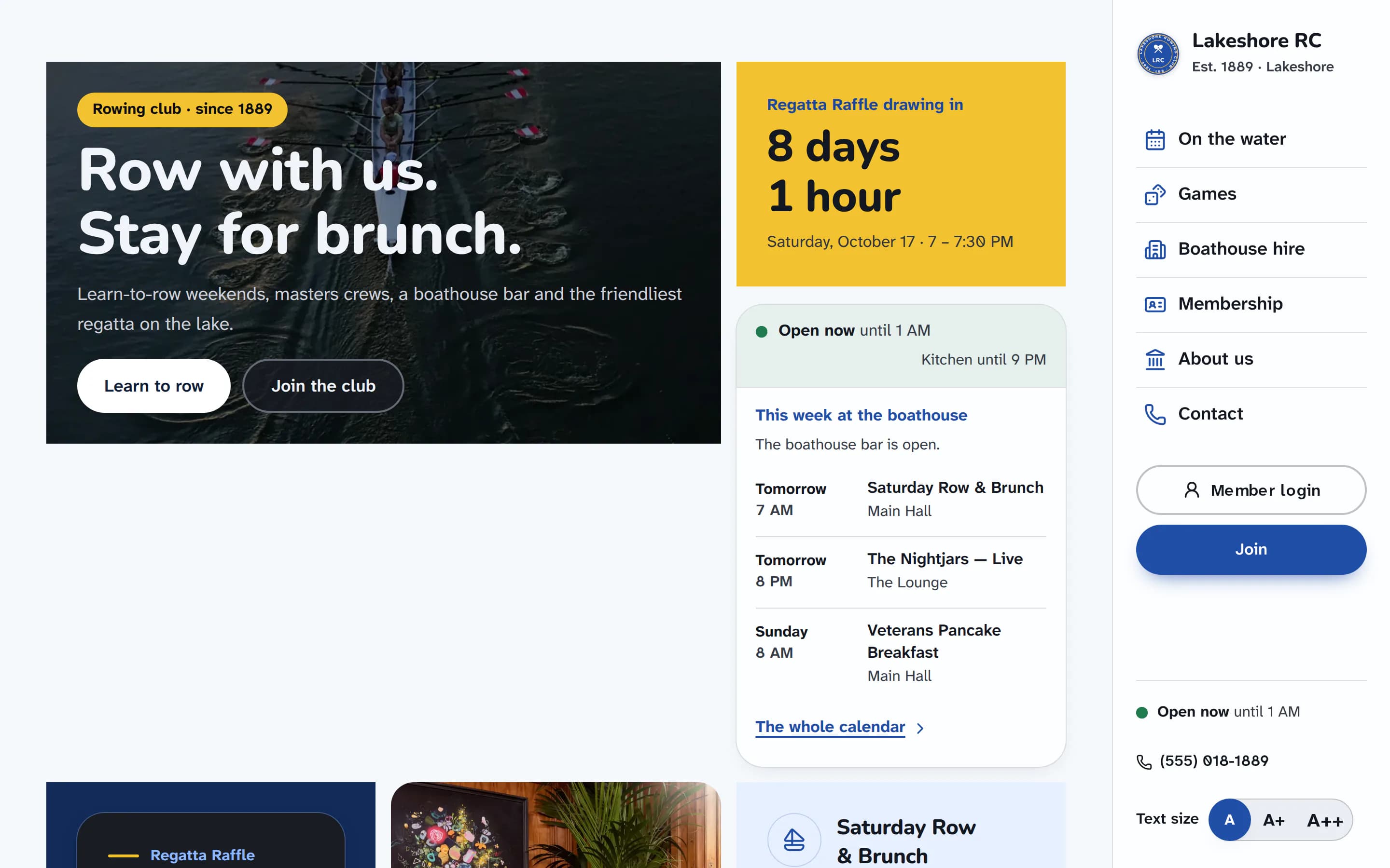 Lakeshore Rowing Club's website: a side menu, a dark lake photo with “Row with us. Stay for brunch.”, a yellow raffle countdown and this week's boathouse events.