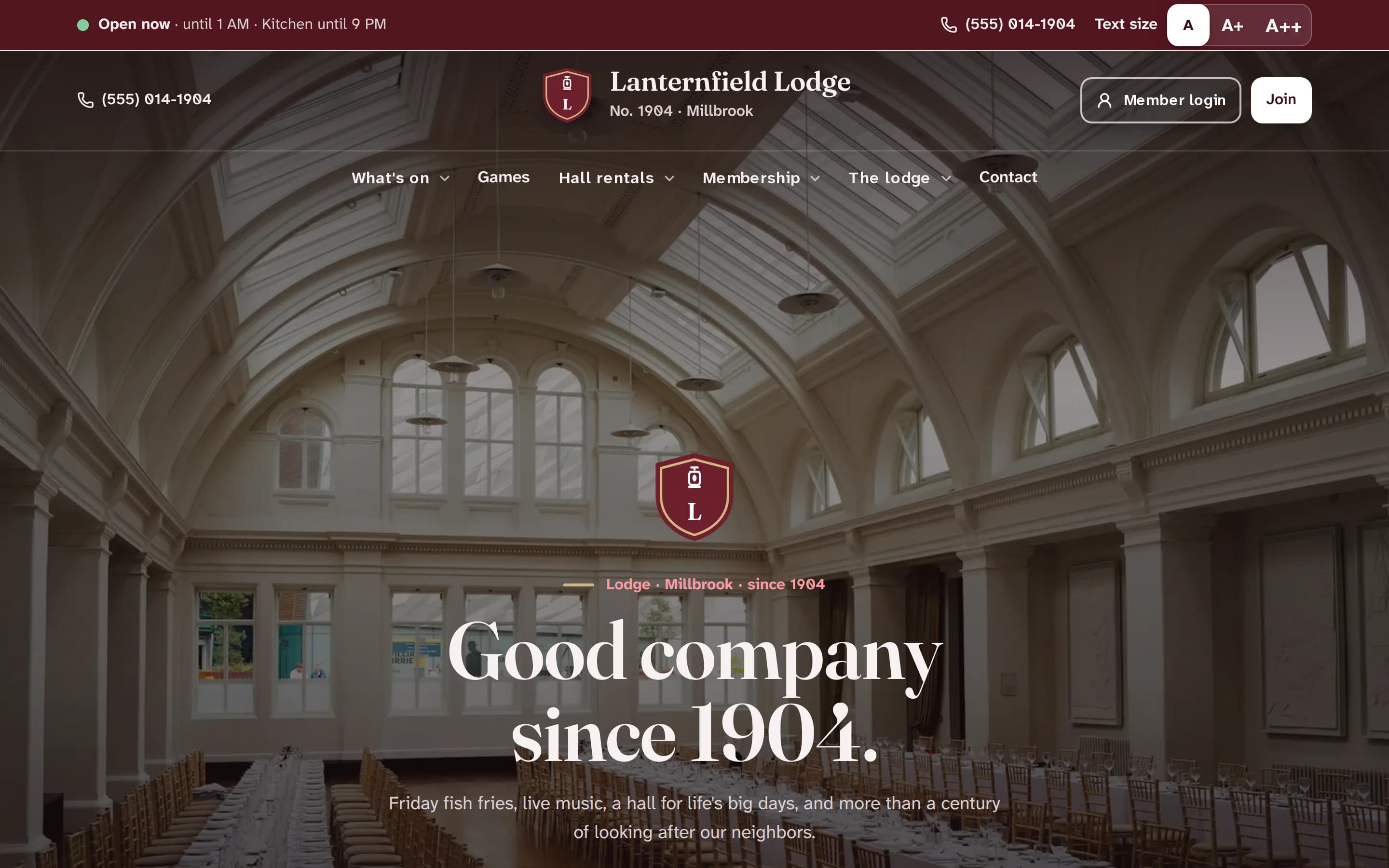 Lanternfield Lodge's website: a deep green header with the lodge crest over a photo of a grand arched hall, and the headline “Good company since 1904.”