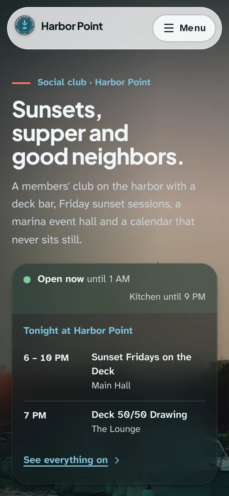 Harbor Point Social Club's website on a phone at the standard text size.