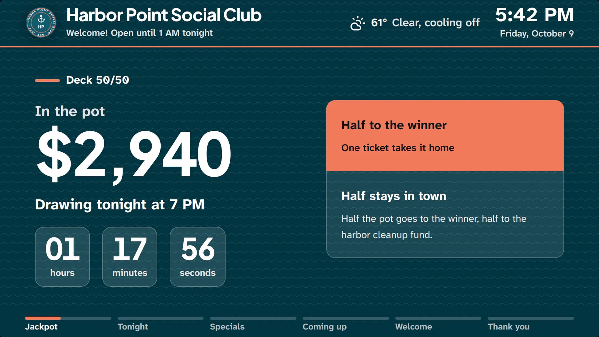 Harbor Point Social Club's TV screen in its harbor blue brand, showing the Deck 50/50 jackpot and drawing countdown.
