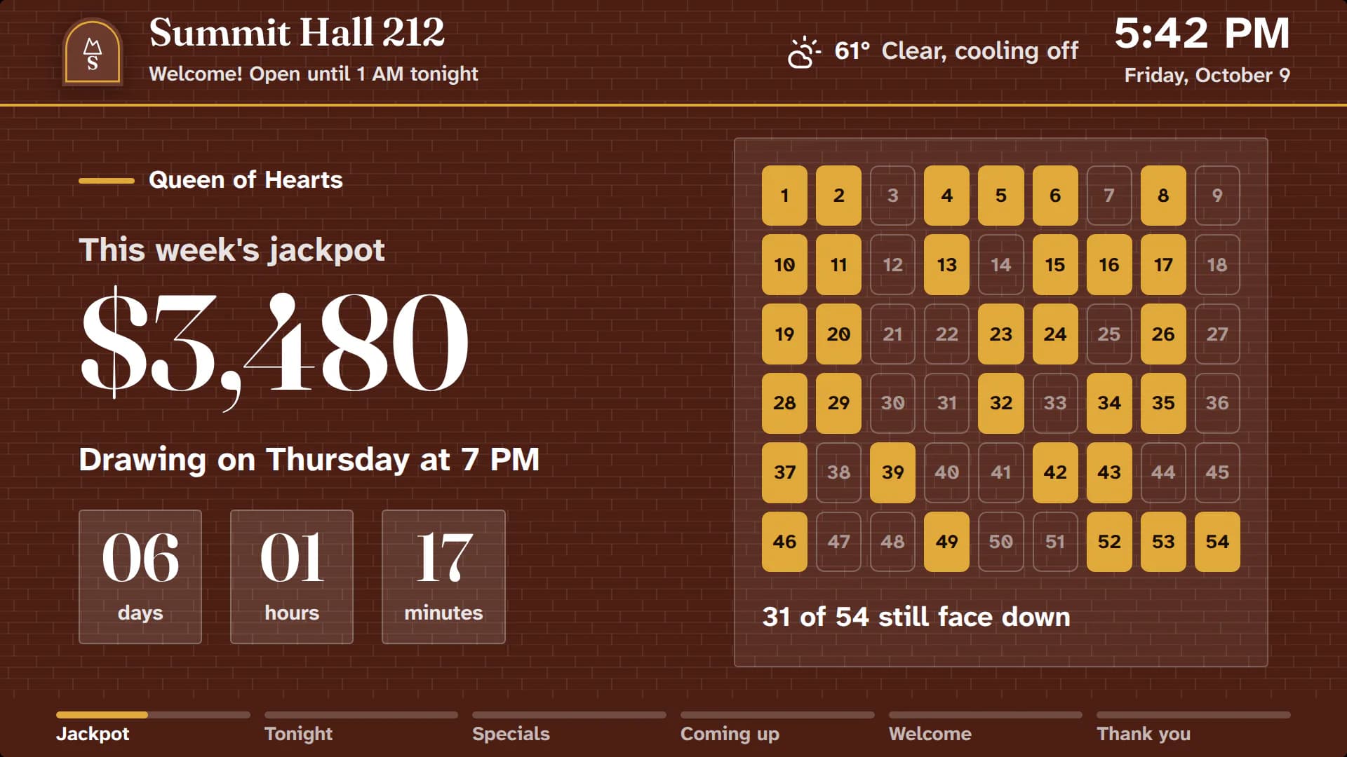 Summit Hall 212's TV screen in its brick-red brand, showing the Queen of Hearts jackpot and drawing countdown.
