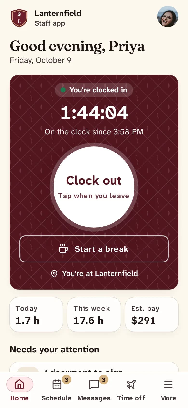 The Workforce staff app on a phone: “Good evening, Priya”, a live clock showing time on shift, a big Clock out button and this week's hours.