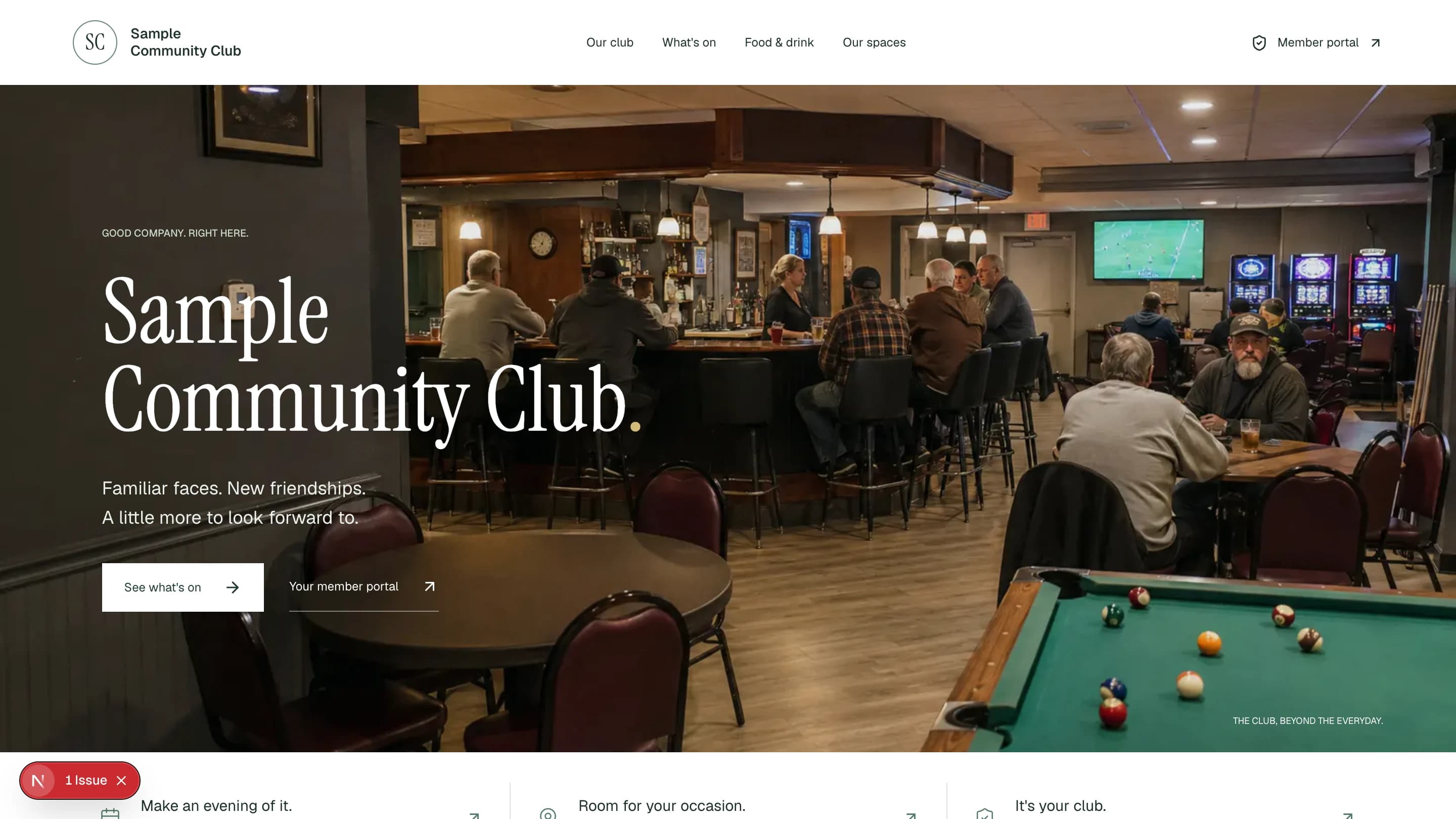 Sample club website with its social room, events and member portal