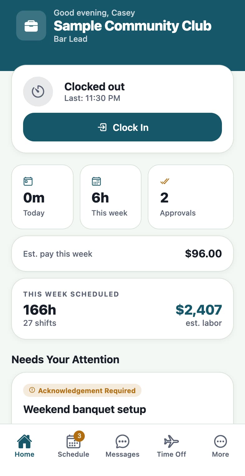 ClubWorks Workforce showing the time clock, scheduled hours, and staff announcements